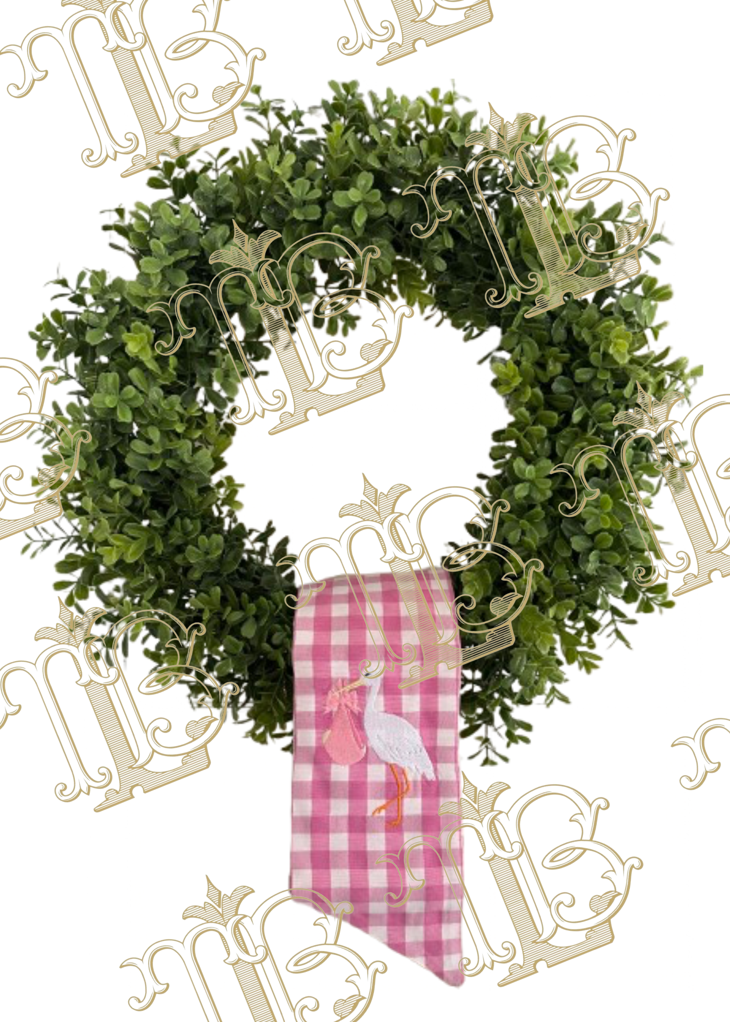 Pink and white gingham sash with embroidered stork