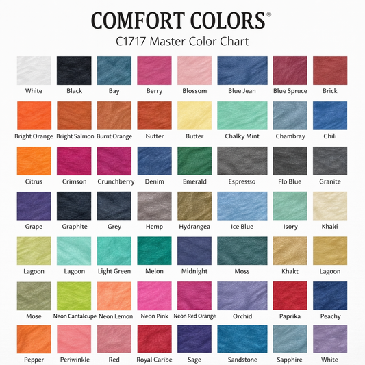 C1717 Master Color Chart with various fabric swatches labeled by name, featuring the brand 'Comfort Colors'.