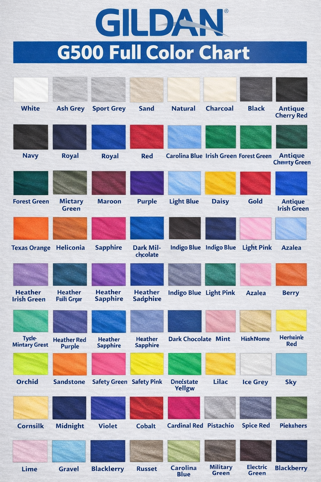 G500 Full Color Chart with various fabric swatches labeled by name, featuring the brand 'Gildan'.