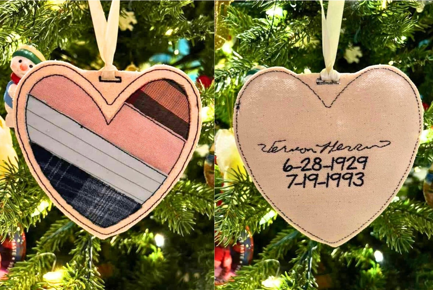 Heart-shaped ornament with 4 articles of clothing from a loved one and embroidered loved one's signature and birth/death date