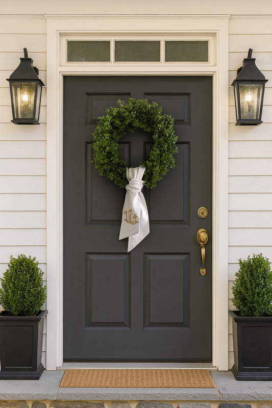 Dark gray front door with a green wreath and white sash with embroidered initials on it