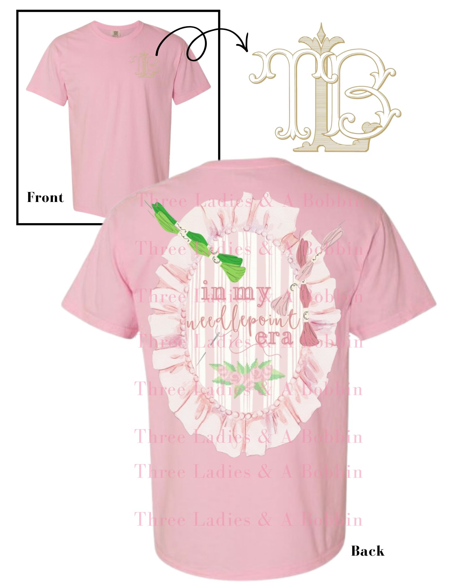 Pink t-shirt with ruffled design and “In My Needlepoint Era” text