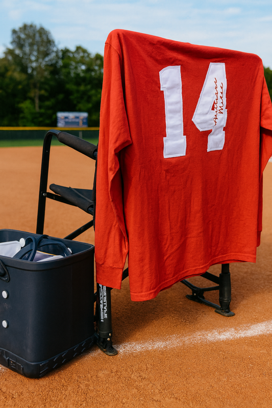 Red long sleeved shirt with the number 14 appliqued and embroidered team name on the number