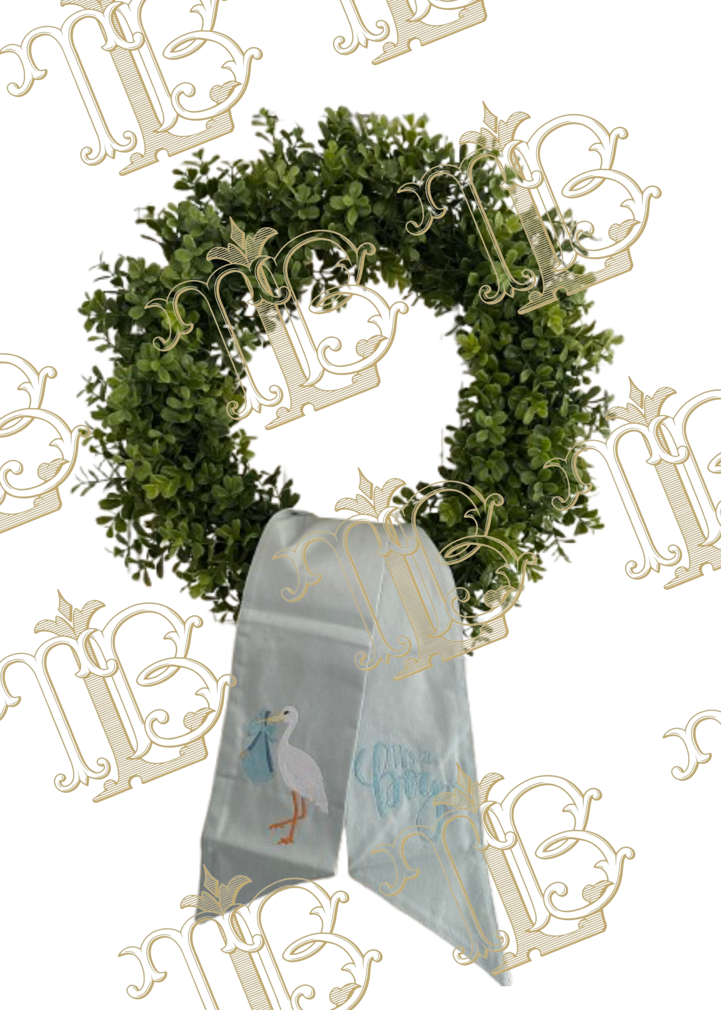 White sash with embroidered stork and "It's a Boy"