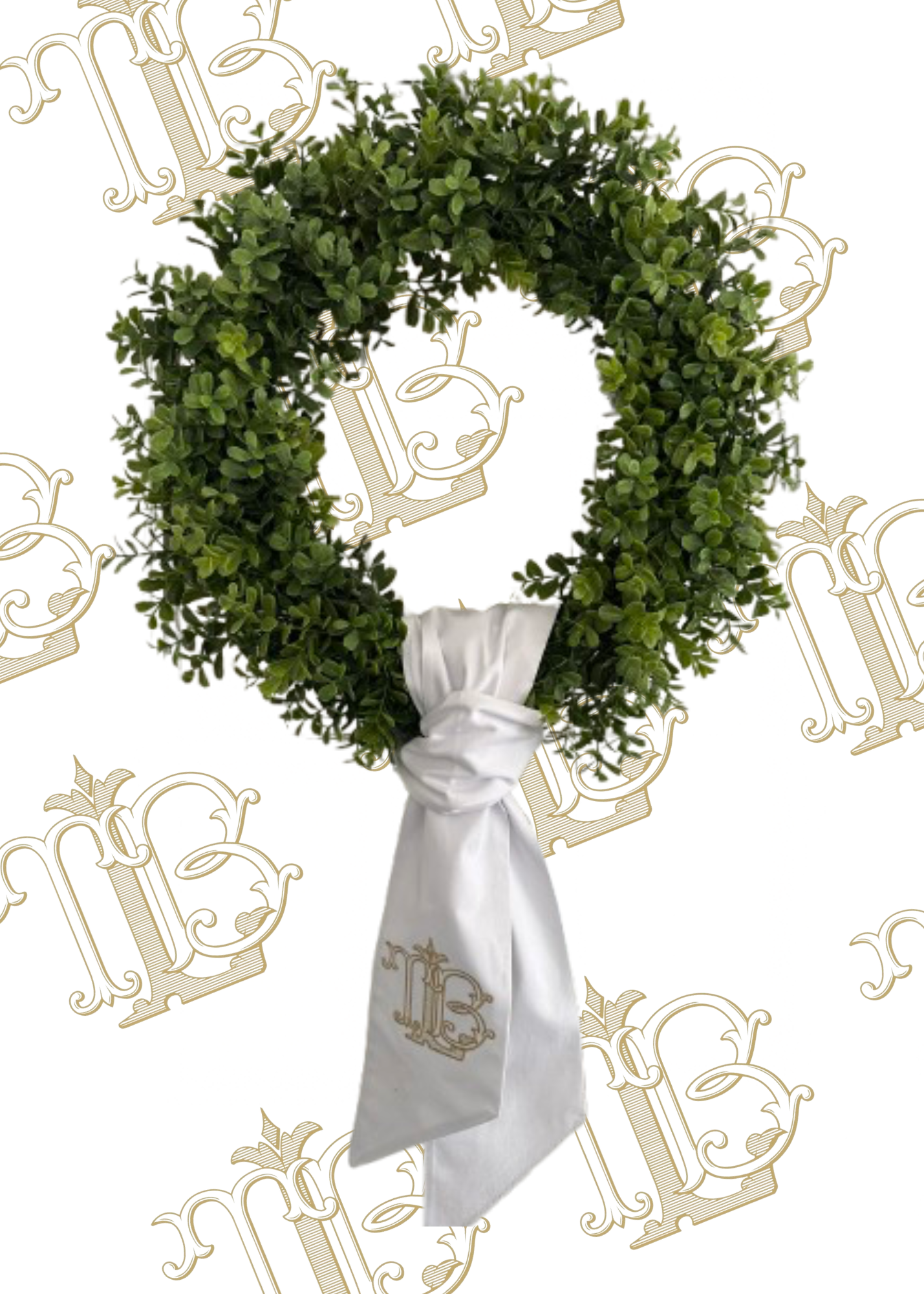 A white sash with embroidered initials