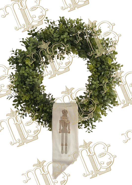 White sash with embroidered nutcracker in neutral colors 